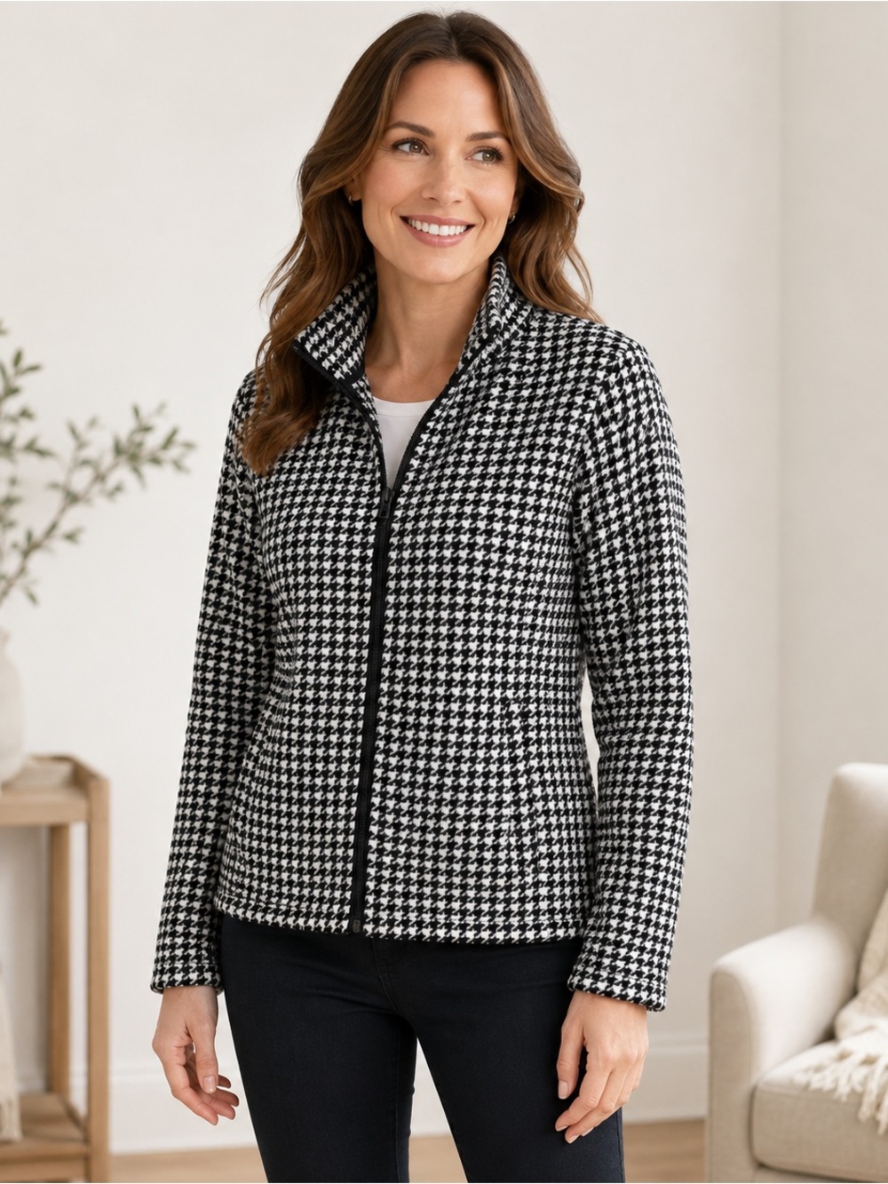 Lands’ End Houndstooth Fleece Jacket Women LP Black White Full Zip Petite